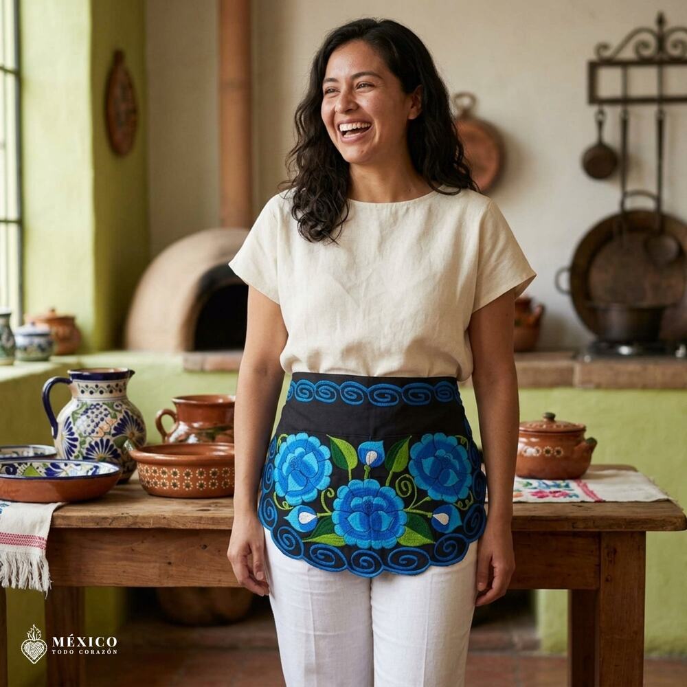 Mexican Embroidered Waist Apron – Floral Pocket Design, Traditional Tie Apron